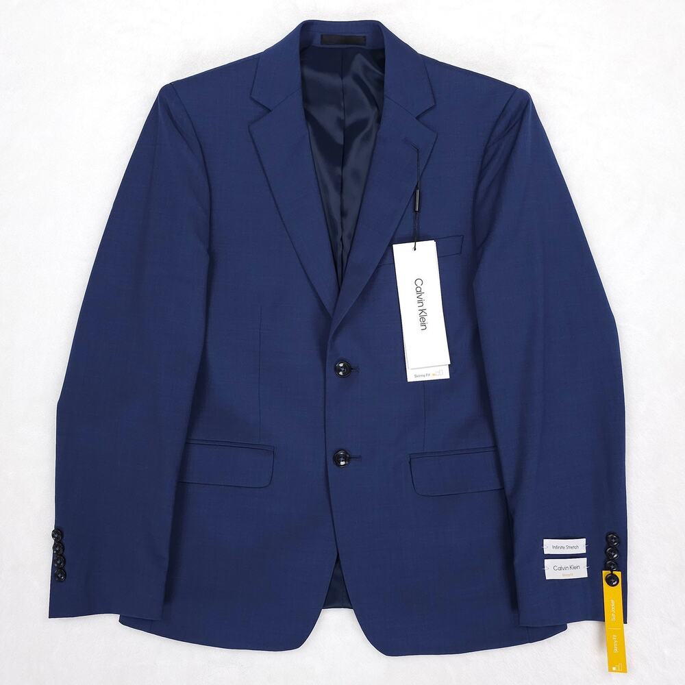 Calvin Klein Mens Skinny Fit Suit Jacket Blazer 38S Blue Solid Stretch Wool NWT